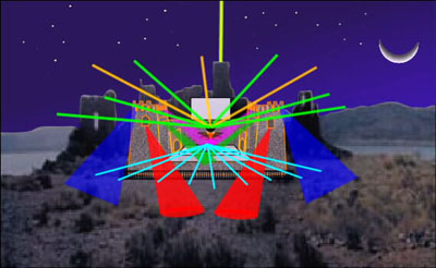Artist concept drawing for an outdoor show with moving lights and lasers