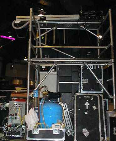Backstage view of the scaffolding with laser system and projector.